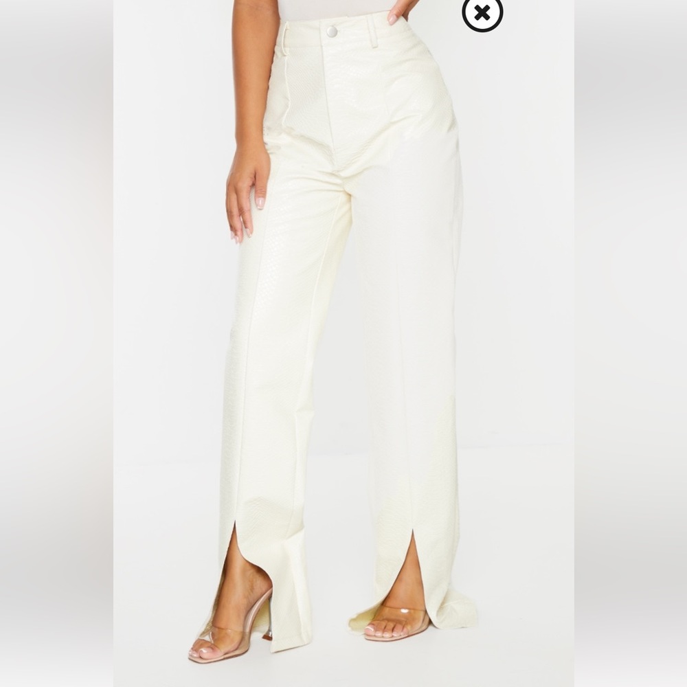 Petite Cream Faux Leather Croc Split Hem Pants